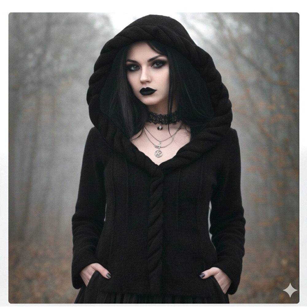 Charlie & Robin Hooded Fairy Sweater Cardigan Size S Black Gothic Witchy